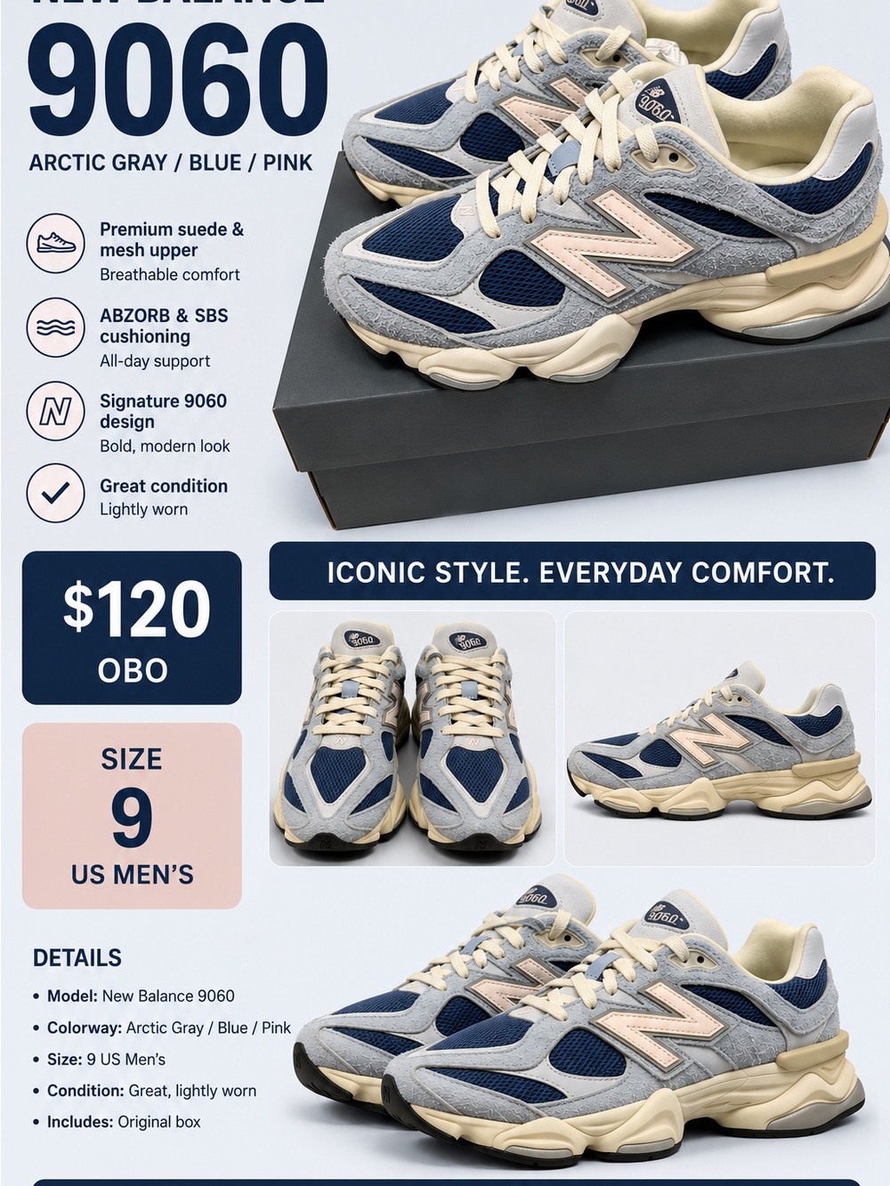 New Balance 9060 Arctic Gray Blue Pink Retro Running Sneakers